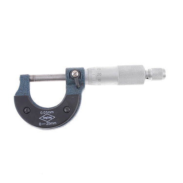Front view of a HengLiang 0-25mm outside micrometer screw gauge with 0.01mm graduation on a white background.