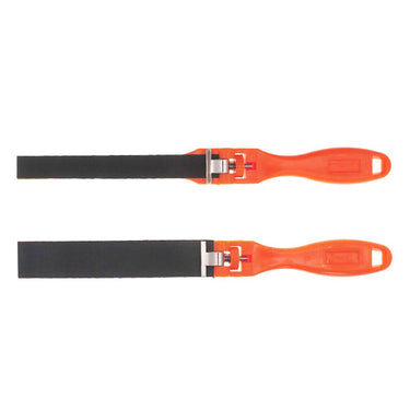 Two orange plastic manual flat sandpaper holder sticks with different clamping widths shown horizontally