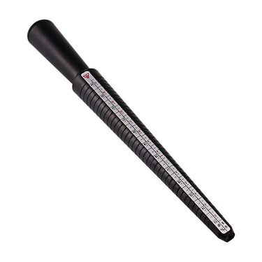 Black plastic ring sizer stick mandrel featuring US and multi-national graduation measurement scales.
