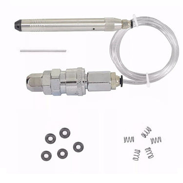Horizontal layout of pneumatic hammer handpiece kit with air connector, springs, and O-rings.