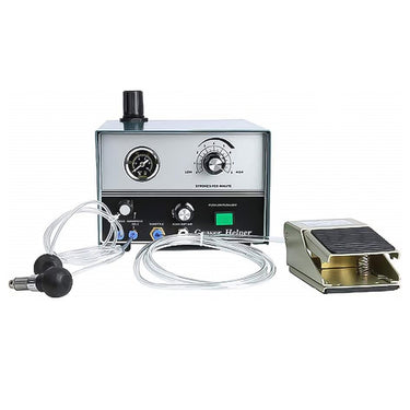 Pneumatic jewelry engraver Graver Mate system with control unit, foot pedal, and handpieces.