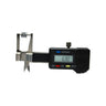 A pocket digital thickness caliper measuring a square princess-cut diamond stone on a isolated white background.