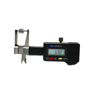 A pocket digital thickness caliper measuring a square princess-cut diamond stone on a isolated white background.