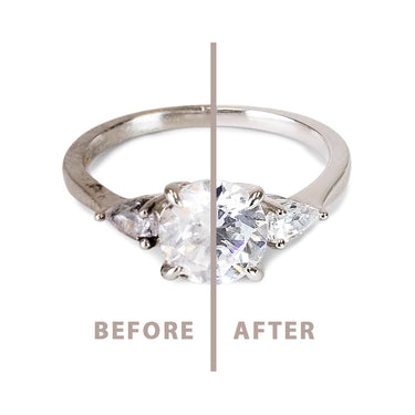 Before and after comparison of a diamond ring cleaned with a Korean Diamond Cleaning Cloth.