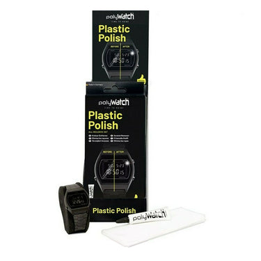 PolyWatch Plastic Polish kit with retail box, polishing tube, cloth, and a digital watch on display.