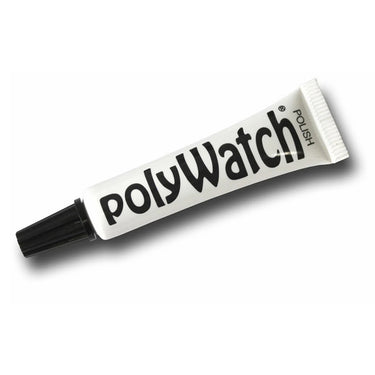 Angled view of a single PolyWatch Plastic Polish tube for acrylic watch crystal scratch repair.