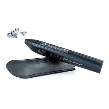 Presidium Diamond Mate-A tester shown with its black leather protective case and diamond graphics.