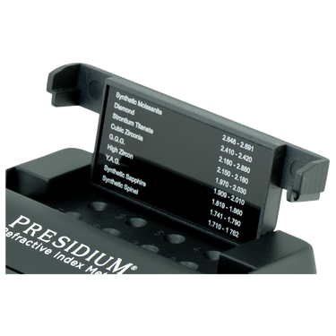 Close-up of the integrated gemstone refractive index reference chart on the cover.