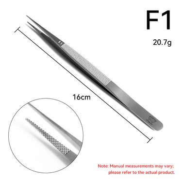 Regine Swiss F1 fine grooved diamond tweezer 16cm showing center alignment channel and 20.7g weight