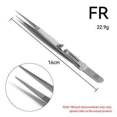 Regine Swiss FR fine tip locking diamond tweezer 16cm with knurled slide lock and 22.9g weight.