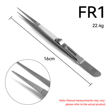 Regine Swiss FR1 fine tip diamond tweezer with slide lock and center groove 16cm showing 22.4g weight.