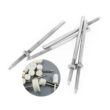 Silver threaded pointed taper mandrels with a circular inset showing felt bobs and polishing tips.