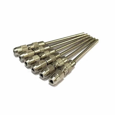 Six miniature silver steel polishing pin mandrels with adjustable collets arranged on a white background
