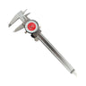 Full diagonal view of a stainless steel shockproof dial caliper featuring a red indicator face.