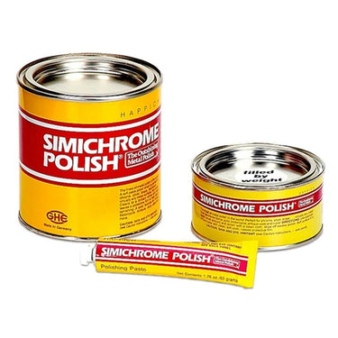 An group shot of Simichrome metal polishing paste showing the 50g tube, 250g can, and large 1000g can together.