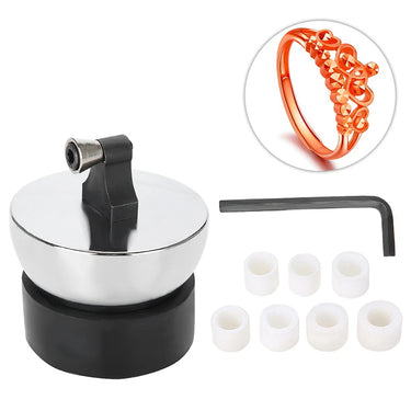 Stainless steel ring setting ball vise kit shown with expanding collets and gold ring sample.