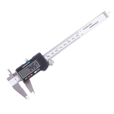 A stainless hardened digital caliper tool displayed diagonally showing a reading of 7.45 mm on its LCD screen.