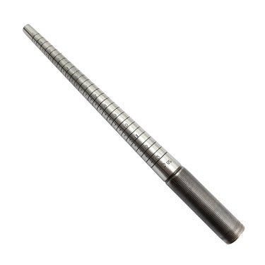 Chrome steel ring mandrel stick showing clear US standard sizing lines from a diagonal perspective.