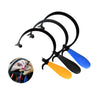 Three Stuccler curved jeweler's saw frames in orange, black, and blue with an inset showing bench use.