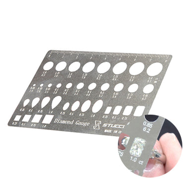 Stuccler diamond gauge card measuring mounted ring diamond showing round and fancy cutouts.