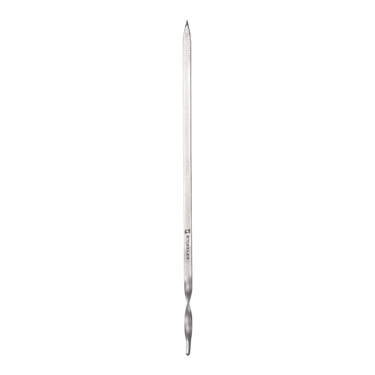 Vertical view of a Stuccler Ergo titanium soldering pick with a pointed tip and twisted handle grip.