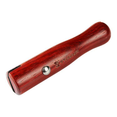 Side profile of an ergonomic Stuccler wooden ring clamp highlighting the smooth branded finish.