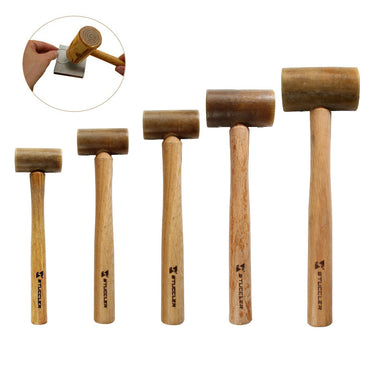 Five different sizes of Stuccler rawhide mallets lined up next to an inset circle showing a mallet in use.