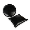 One round and one square black leather Stuccler sandbag for jewelry metal stamping and forming.