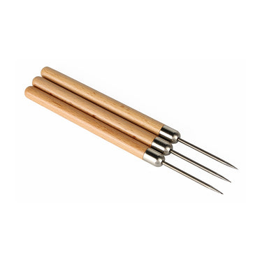 Three Stuccler titanium soldering picks with smooth wooden handles arranged diagonally on a white background