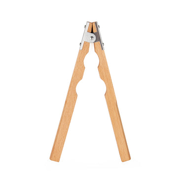 Stuccler wooden ring clamp showing spring loaded steel hinge and dual circular ring holding slots.