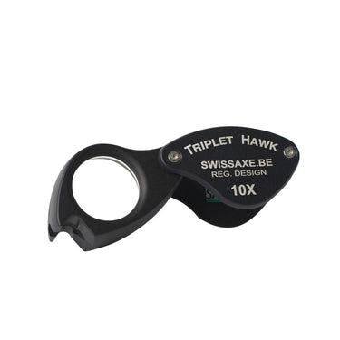Fully extended SwissAxe Triplet Hawk 10X diamond loupe with professional matte black ergonomic housing.