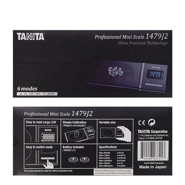 Front and back of Tanita 1479J2 retail packaging showing 6 weighing modes and technical specifications.