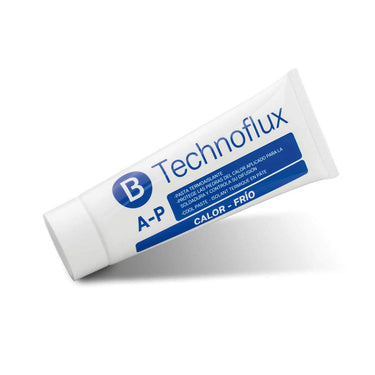 Diagonal view of a white Technoflux AP heat shielding thermal insulator paste tube on a plain white background