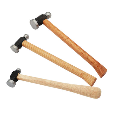 Three traditional ball peen goldsmith hammers with wood handles in 26mm, 28mm, and 32mm head sizes.
