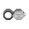 Triplet 10X 20.5mm hexagon loupe with textured black rubber grip and polished chrome cover.