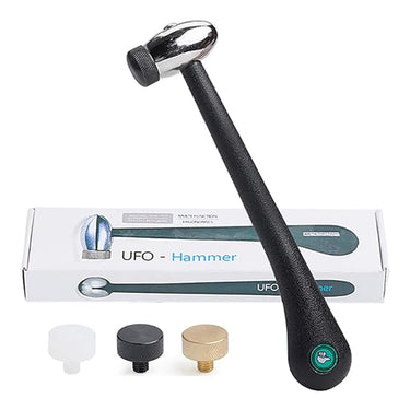 Ergonomic UFO jewelry hammer with 4 interchangeable faces, PU handle, and retail packaging box.