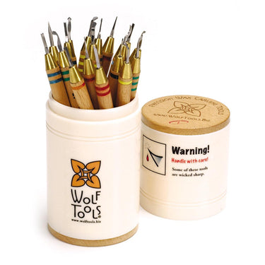 18 Wolf precision wax carvers in a white container with a warning label.