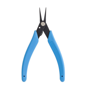 Front view of Xuron 450 chain nose pliers with blue handles in open position.