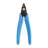 Front view of Xuron Micro-Shear flush cutter with blue handles and blades closed.