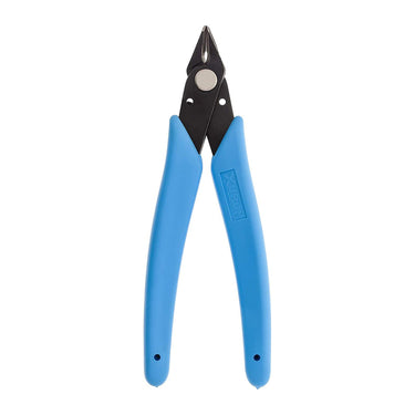 Front view of Xuron Micro-Shear flush cutter with blue handles and blades closed.
