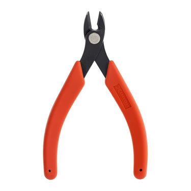 Front view of Xuron Maxi-Shear flush cutter with orange handles and wide cutting head.
