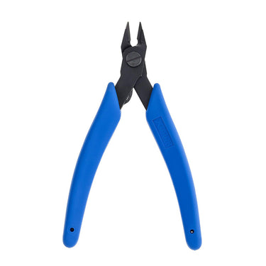 Front view of Xuron tapered head micro-shear flush cutter with blue handles.