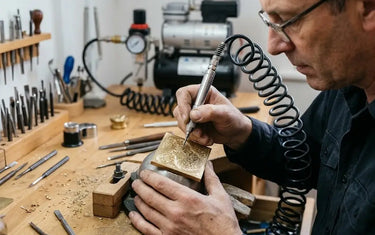 Craftsman using a pneumatic air graver handpiece on an engraving block to cut fine scrollwork into a metal plate.