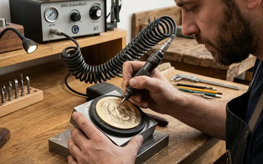 Engraver using an air-assisted pneumatic graver handpiece to carve a detailed lion relief on a brass plate.