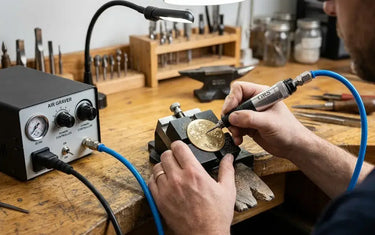 Jeweler using a pneumatic air graver handpiece to engrave intricate scrollwork patterns on a brass plate.