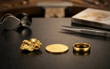 Raw gold nugget, US quarter coin, and gold ring on dark workbench