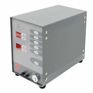 Angled view of 100A pulse argon welder host unit showing digital LED screens and preset buttons.