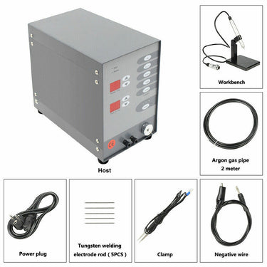 Labeled component grid of 100A pulse argon welder including host, gas pipe, and tungsten rods.