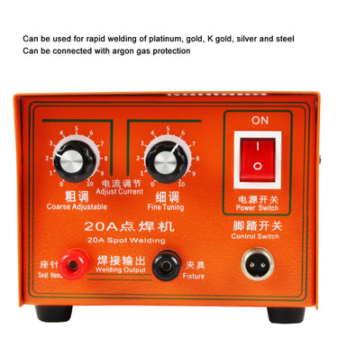Front view of 20A sparkle welder showing coarse and fine current adjustment dials and output jacks.