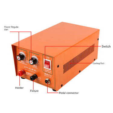 Labeled control panel diagram of 20A spot welder showing power regulation, switch, and ports.